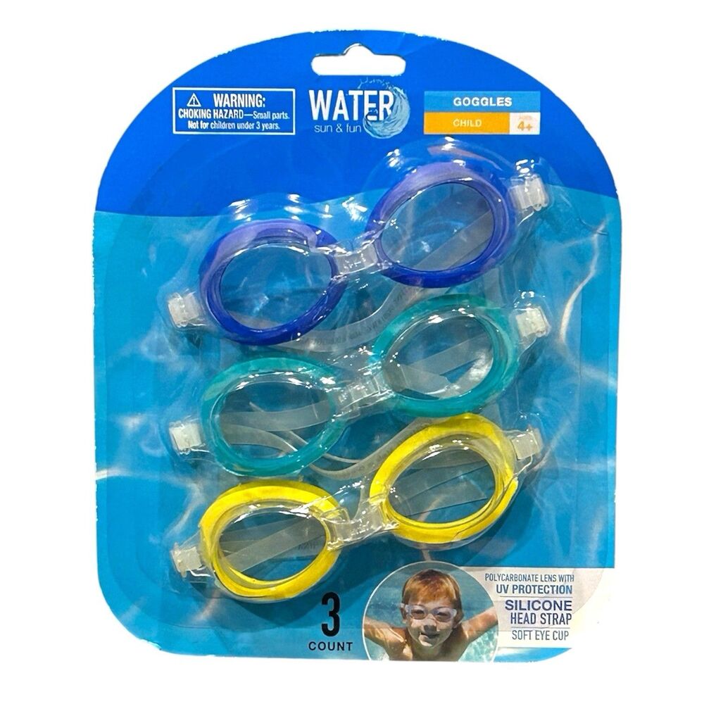 Water Sun & Fun Swim Goggles Polycarbonate Lens UV Protection 3 Pack Child 4+
